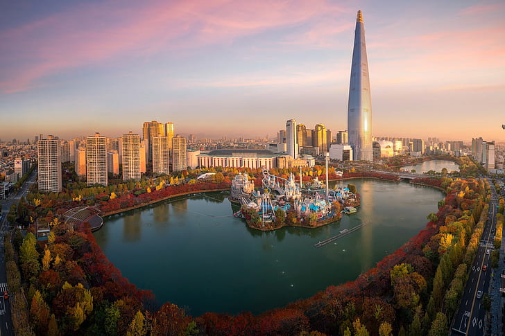 outono, lago, parque, construção, torre, casa, Coréia do Sul, Seul, N Torre de Seul, Namsan Seoul Tower, Lotte World, Sincheon-dong, HD papel de parede