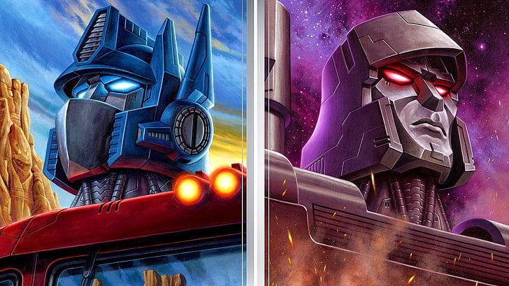 zwei Optimus Prime und Megatron Digital Wallpaper, Optimus Prime, 1980er Jahre, Decepticons, Autobots, Transformers G1, Megatron, HD-Hintergrundbild