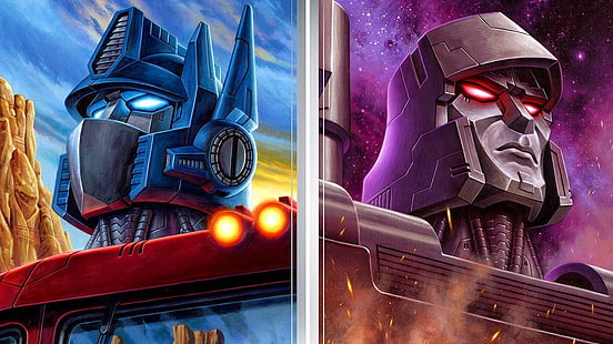 due sfondi digitali Optimus Prime e Megatron, Optimus Prime, anni '80, Decepticon, Autobot, Transformers G1, Megatron, Sfondo HD HD wallpaper