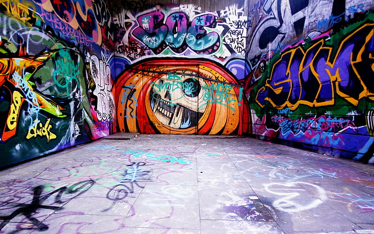 muraglia, graffiti, urbano, colorato, teschio, Sfondo HD