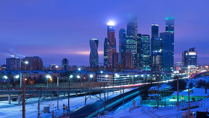 タワーブロック、ロシア、街の明かり、モスクワ市、presnensky地区、モスクワ国際ビジネスセンター、夜、presnenskaya堤防、空、冬、夕暮れ、高層ビル、大都市、モスクワ、スカイライン、都市、都市景観、 HDデスクトップの壁紙