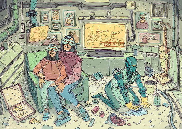 people sitting on sofa chair while robot cleaning digital wallpaper, drawing, HD wallpaper