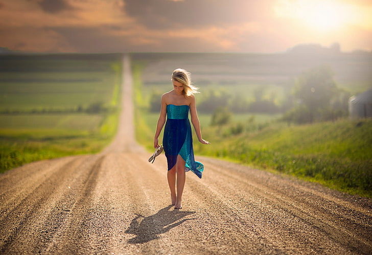 women's teal and blue strapless tulip dress, road, girl, the way, space, barefoot, HD wallpaper