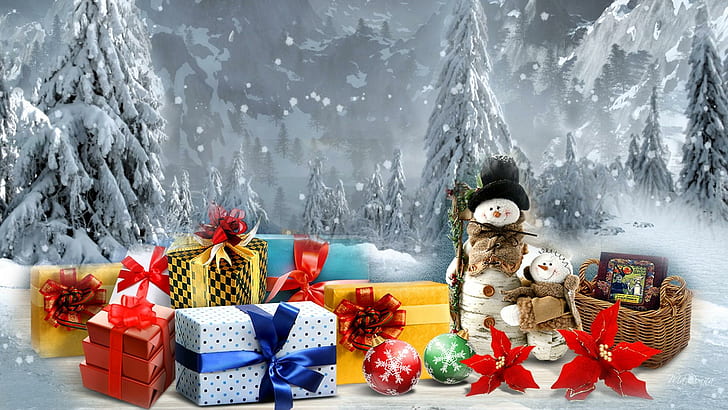 Christmas Time Winter Time, gifts, balls, flowers, cold, poinsettias, forest, trees, snowman, presents, snowing, snow, winter, HD wallpaper