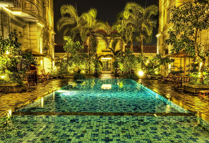 green coconut trees, Photography, HDR, Indonesia, Jakarta, Mosaic, Palm Tree, Pool, HD wallpaper