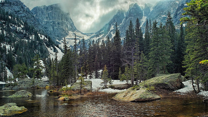 Gewässer und Bäume, Natur, Landschaft, Berge, Wald, See, Felsen, Kiefern, HD-Hintergrundbild
