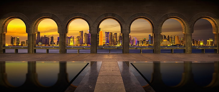 два черно-красных электроинструмента, Катар, Музей исламского искусства, Доха, Доха, город, каменная арка, HD обои