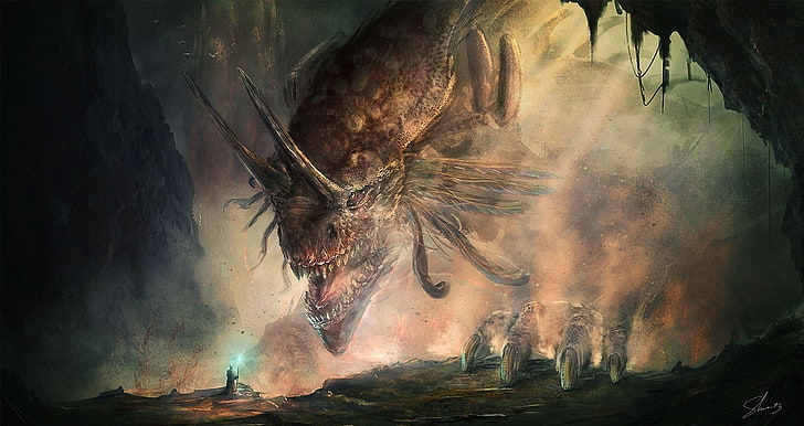 Ilustración del dragón marrón, dragón, arte de fantasía, ilustraciones, Fondo de pantalla HD