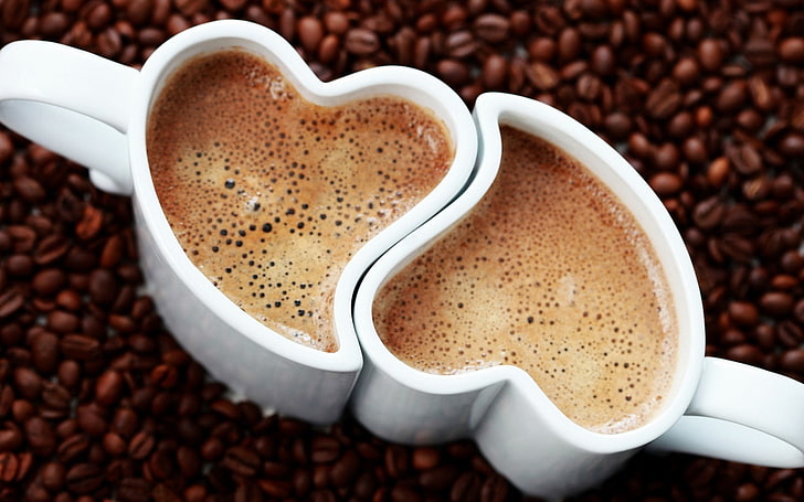 two white ceramic coffee mugs, coffee, drink, coffee beans, HD wallpaper