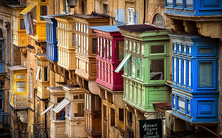 Мальта, Валлетта, Традиционные красочные балконы, HD обои