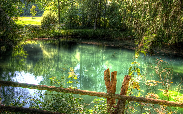 brown wooden rails, lake, reflection, colors, green, fence, HD wallpaper