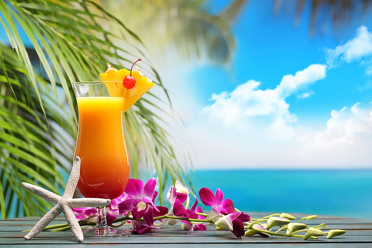 фиолетовые орхидеи, море, пляж, коктейль, лето, фрукты, свежий, рай, напиток, тропический, HD обои