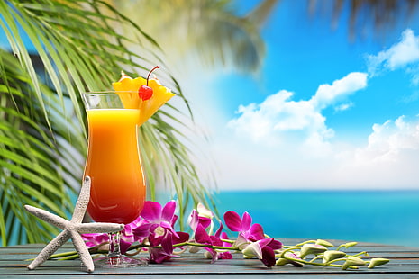фиолетовые орхидеи, море, пляж, коктейль, лето, фрукты, свежий, рай, напиток, тропический, HD обои HD wallpaper
