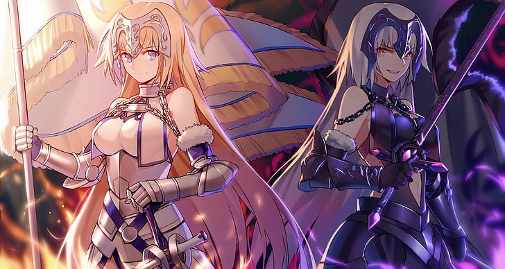 Fate Series, Jeanne (Alter) (Fate / Grand Order), Jeanne d'Arc, Armored, Flag, Sword, Smiley, Anime girls, anime, fantasy girl, Tapety HD