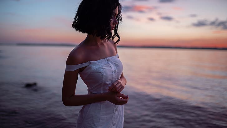 girl, sunset, pose, river, shoulders, sundress, Maxim Gontarev, HD wallpaper