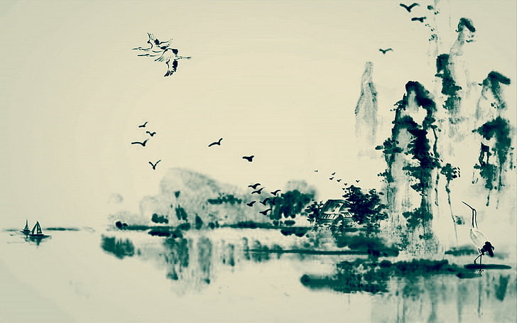tinta, burung, danau, crane (burung), lukisan, air, karya seni, seni fantasi, Wallpaper HD