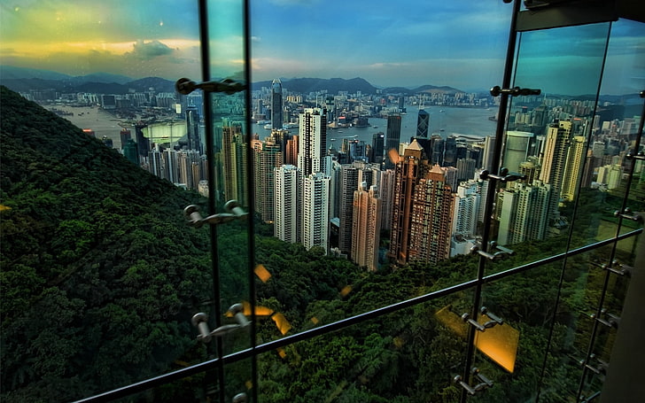 fotografia panoramiczna miasta, hongkong, widok, noc, wieżowce, Tapety HD