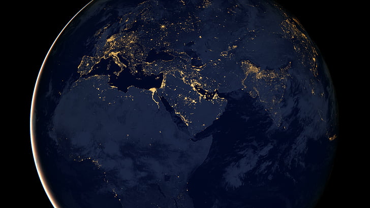 океан, Близкия изток, 8k, наука, нощ, нощна светлина, светлина, син мрамор, глобус, НАСА, континент, свят, сателит, Арабски полуостров, Европа, Африка, обсерватория, земя, HD тапет