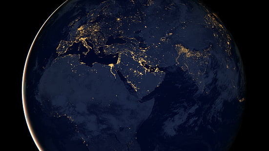 océano, oriente medio, 8k, ciencia, noche, luz nocturna, luz, mármol azul, globo, nasa, continente, mundo, satélite, península arábiga, europa, áfrica, observatorio, tierra, Fondo de pantalla HD HD wallpaper