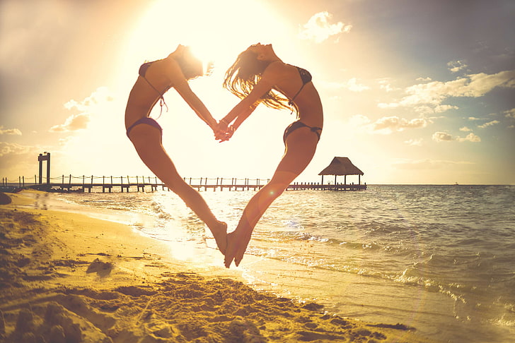 beach, beautiful, hd, heart, holiday, joy, joyful, jumping, life, love, people, sand, sea, sun, vacation, weekend, women, HD wallpaper