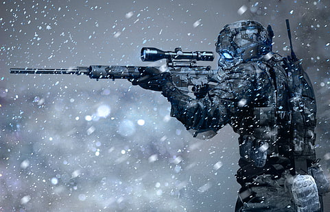 Ilustración de francotirador, soldado, rifle de francotirador, invierno, nieve, ciencia ficción, futurista, fuerzas especiales, Fondo de pantalla HD HD wallpaper
