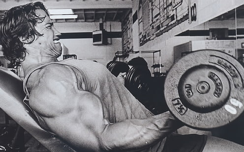 Arnold Schwarzenegger, Arnold Schwarzenegger, egzersiz, monokrom, Üstyapı, halter, HD masaüstü duvar kağıdı HD wallpaper