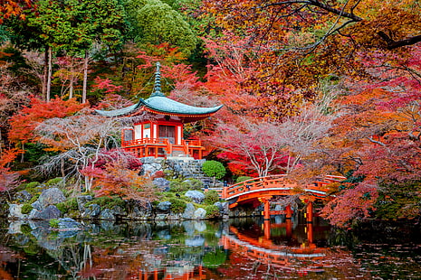 Temples, Daigo-ji, Bridge, Fall, Japanese Garden, Reflection, Shrine, Temple, Tree, HD wallpaper HD wallpaper