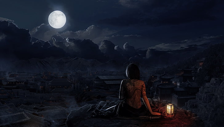 woman sitting in front of moon digital wallpaper, village, Moon, night, oriental, drawing, tattoo, skull, fantasy art, lantern, CGI, anime, fantasy girl, fantasy city, sky, HD wallpaper