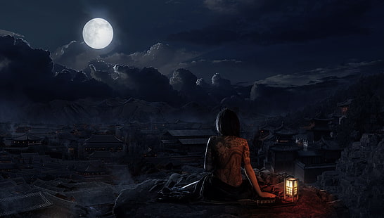 woman sitting in front of moon digital wallpaper, village, Moon, night, oriental, drawing, tattoo, skull, fantasy art, lantern, CGI, anime, fantasy girl, fantasy city, sky, HD wallpaper HD wallpaper