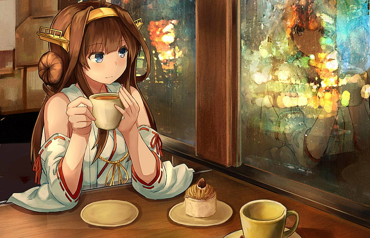 Anime, Kantai Collection, Blue Eyes, Kongou (Kancolle), Tea, HD wallpaper
