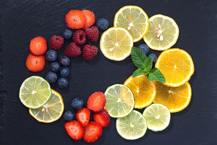 berries, raspberry, lemon, orange, strawberry, fruit, citrus, mint, blueberries, HD wallpaper
