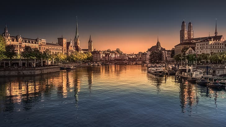 Suisse, Zurich, matin, ville, rivière, lever du soleil, réflexion, ciel, bâtiment, Fond d'écran HD