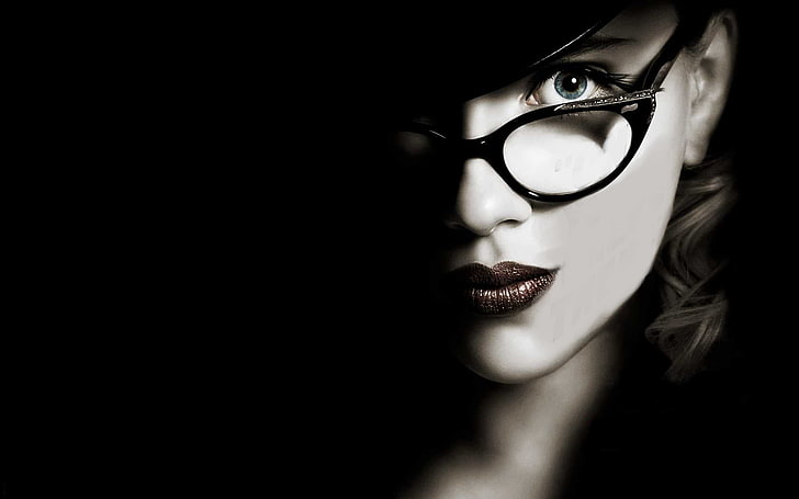 Okulary damskie w czarnych oprawkach w kształcie kocich oczu, czarne, Scarlett Johansson, Tapety HD