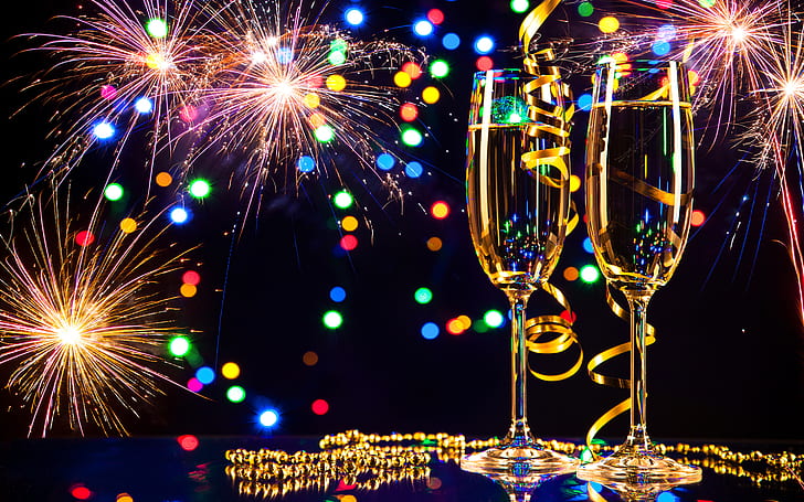 Gott nytt år 2019 Glas champagne och fyrverkerier Skrivbordsunderlägg Hd för mobiltelefoner och bärbara datorer 2880 × 1800, HD tapet