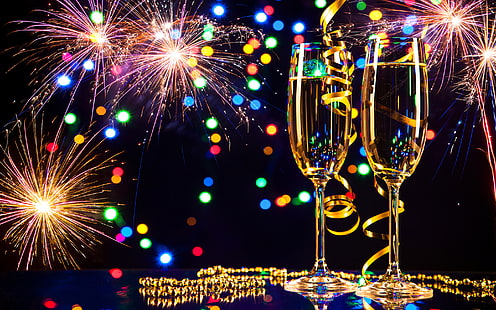 Happy New Year 2019 Glasses Of Champagne And Fireworks Desktop Wallpaper Hd For Mobile Phones And Laptops 2880×1800, HD wallpaper HD wallpaper