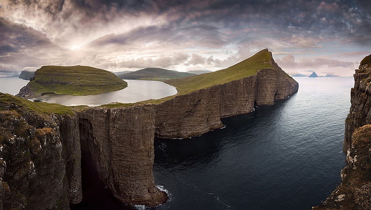 nature, photography, landscape, cliff, sea, mountains, island, clouds, sunset, Faroe Islands, HD wallpaper
