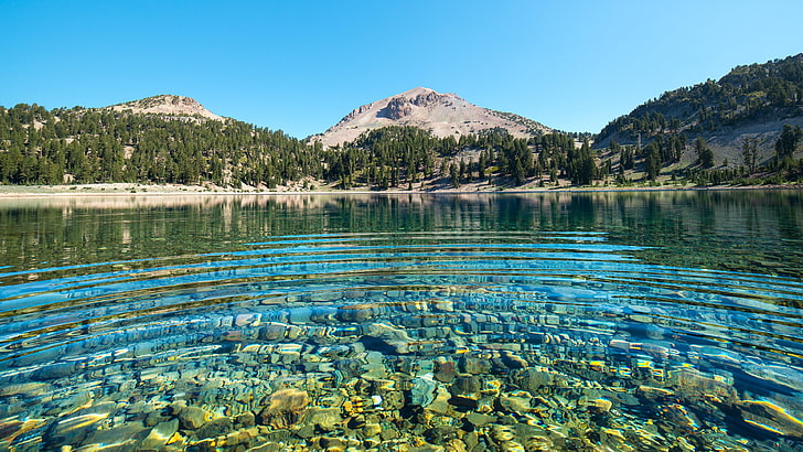 vatten, berg, sol, skönhet, lassen peak, sjö, lassen vulkanisk nationalpark, bergsjö, nationalpark, Lake Helen, Kalifornien, USA, HD tapet
