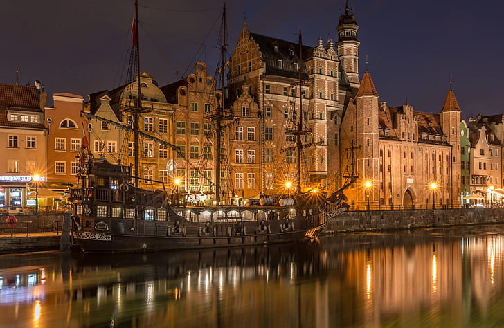 Europe, Poland, Gdańsk, city, building, ship, reflection, cityscape, night, HD wallpaper