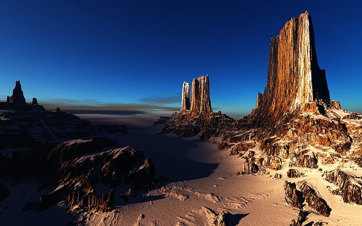 brown rock formation, rocks, canyons, desert, peaks, shadows, sand, HD wallpaper