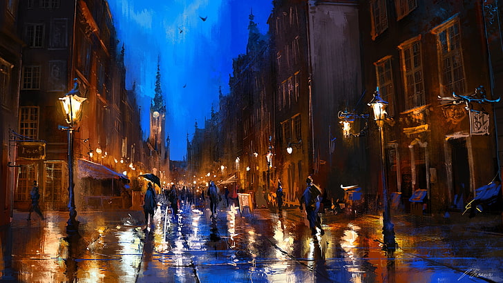 zwei schwarze Gemälde, Aquarell, Nacht, Regen, Stadt, Ozabrout, blau, gelb, braun, orange, Krähe, Danzig, Polen, Darek Zabrocki, Polnisch, HD-Hintergrundbild