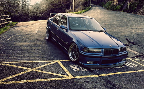 BMW E36, tuning, carretera, azul oscuro, automóvil, Fondo de pantalla HD HD wallpaper