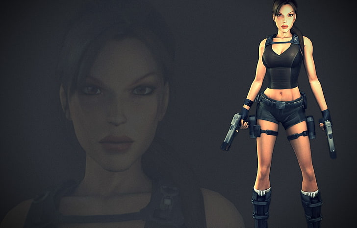 Лара Крофт, Tomb Raider, темнота, пистолет, шорты, видеоигры, девушки с оружием, HD обои