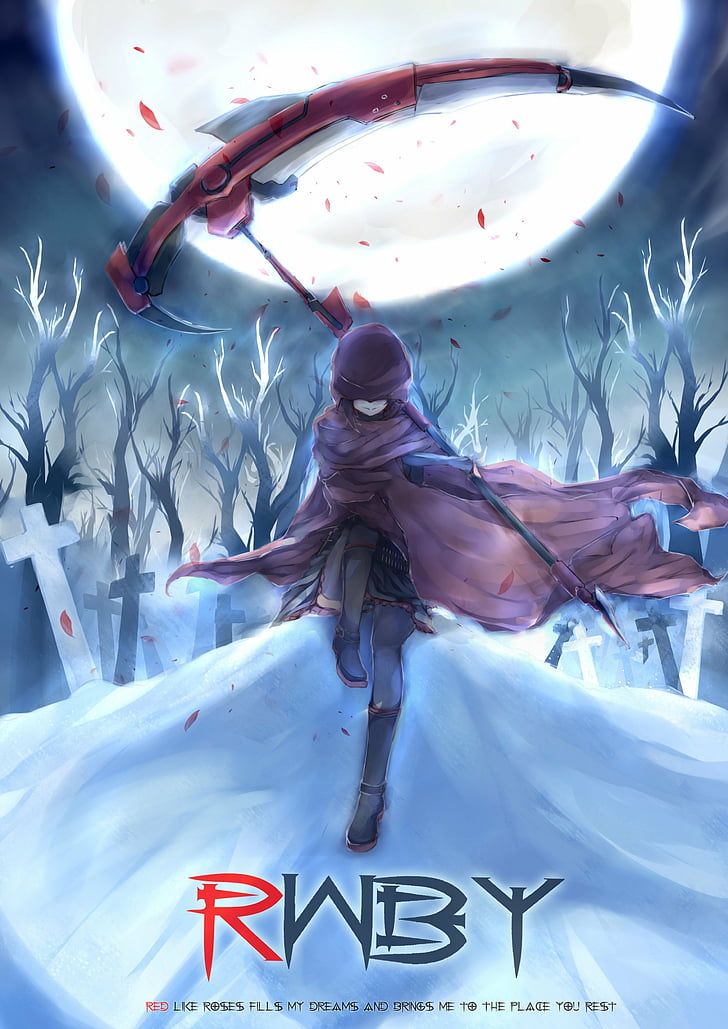 ammunition, anime, black, boots, clouds, coat, cross, flower, forests, full, girls, hair, headstone, highs, hoodies, jackets, moon, nature, night, outdoors, petals, rose, ruby, rwby, scythe, short, sitting, skies, skirts, smiling, snow, text, thigh, trees, weapons, winter, HD wallpaper