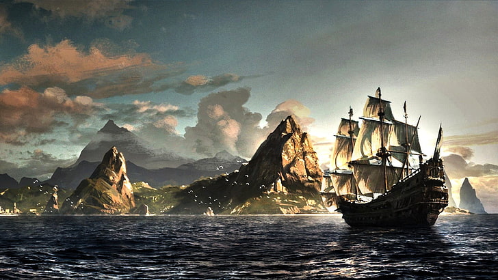 خلفية سفينة galleon ، Assassin's Creed: Black Flag ، ألعاب فيديو ، فن رقمي، خلفية HD