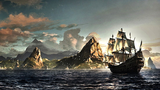 wallpaper kapal galleon, Assassin's Creed: Black Flag, video game, seni digital, Wallpaper HD HD wallpaper