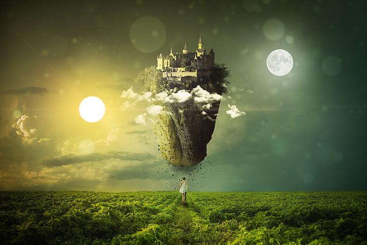 Sun, Dream, Girl, Moon, Floating castle, Equinox, Woman, 4K, Landscape, HD wallpaper