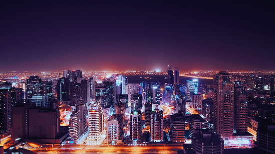 夜の街、街の明かり、空撮、メトロポリス、ドバイ、アラブ首長国連邦、 HDデスクトップの壁紙 HD wallpaper