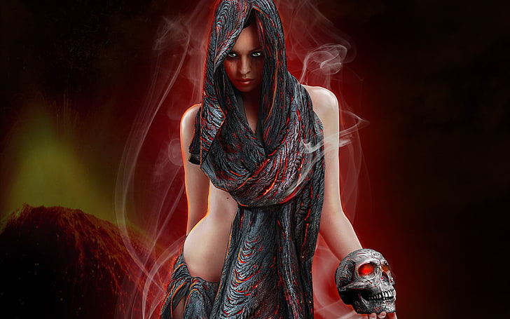 women's red and black scarf, dark, girl, girls, hot, skull, skulls, women, HD wallpaper