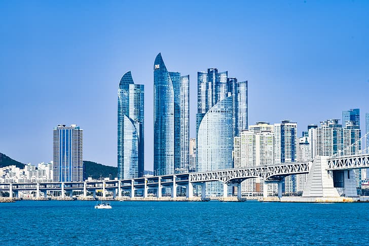 Pusan, Korea Południowa, skyscape, budynek, piana morska, krajobraz, Tapety HD