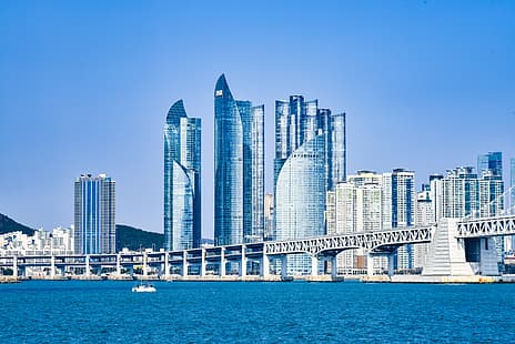 Пусан, Южная Корея, небоскреб, здание, морская пена, пейзаж, HD обои HD wallpaper